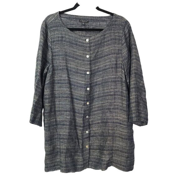 EILEEN FISHER Womens Plus Size 1X Striped 100% Organic Linen Button Down Tunic - Picture 1 of 14